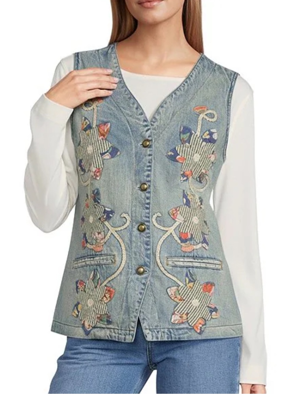 John Mark Denim Floral Applique Embroidered V-Neck Button Front Vest M
